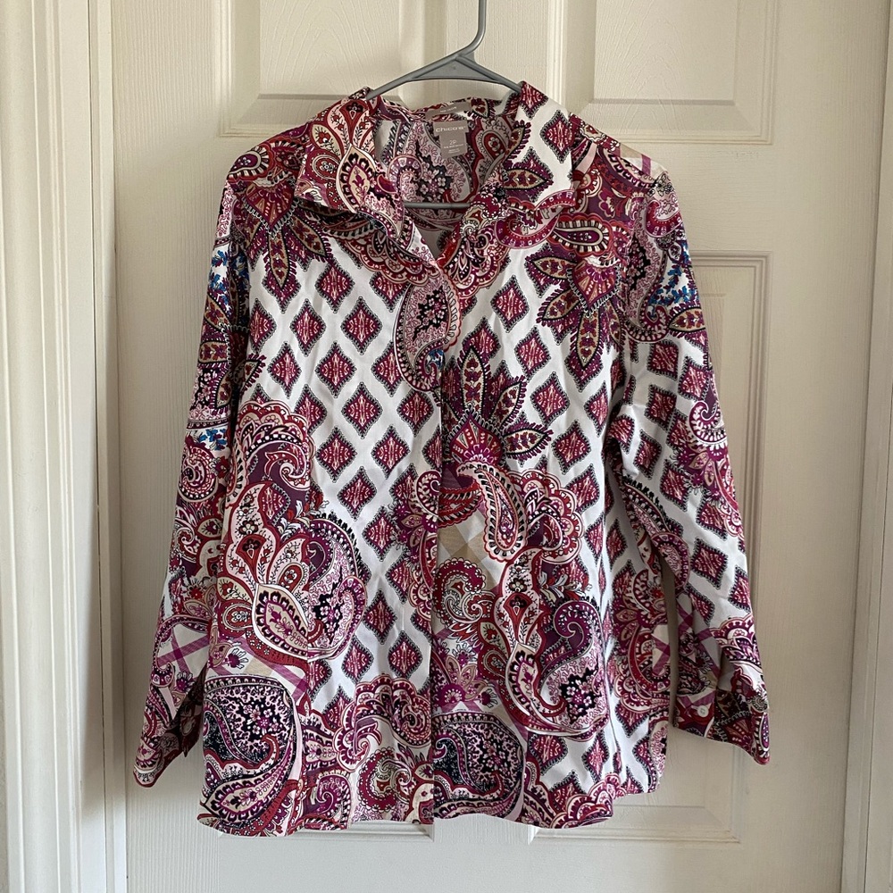 CHICO'S NO-IRON COLORFUL FLORAL/PAISLEY Button-Up